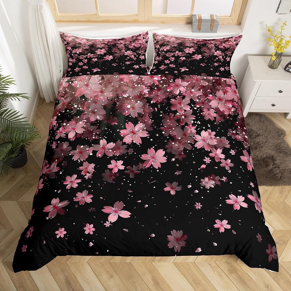 Pink Cherry Blossom Duvet Cover Twin King,Japanese Flowers Blossoms Romantic Floral Bedding Set,Farmhouse Petals Comforter Cover