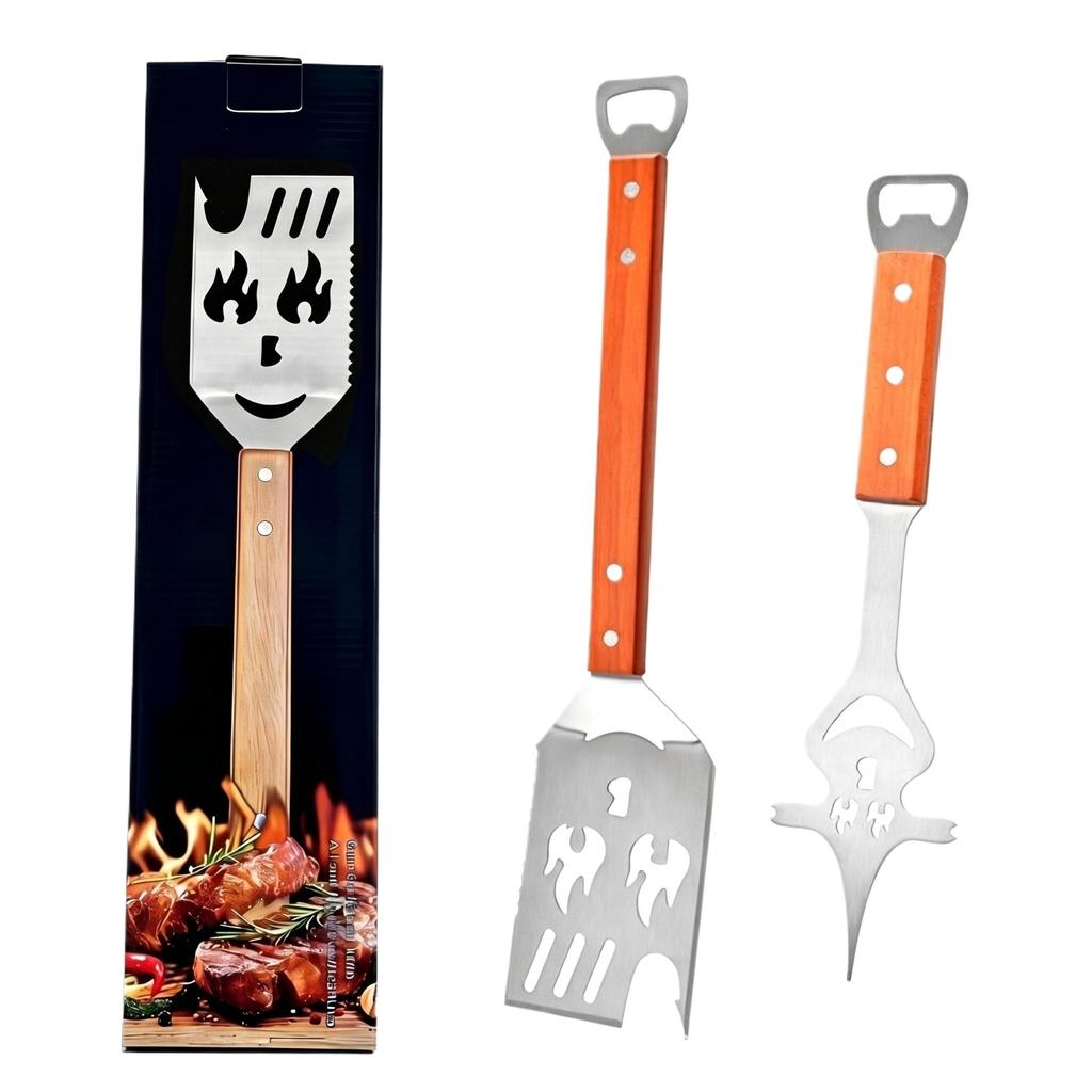 Multi-functional Barbecue Tool Set, Stainless Steel Scraper With Wooden Handle, Fork And Bottle Opener. Barbecue Accessories And Men's Barbecue Gifts.