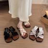 Retro Cross Belt Simple Fairy Open-toed Sandals Female Summer New Wedges Square Head Wear Comfortable One-word Slippers