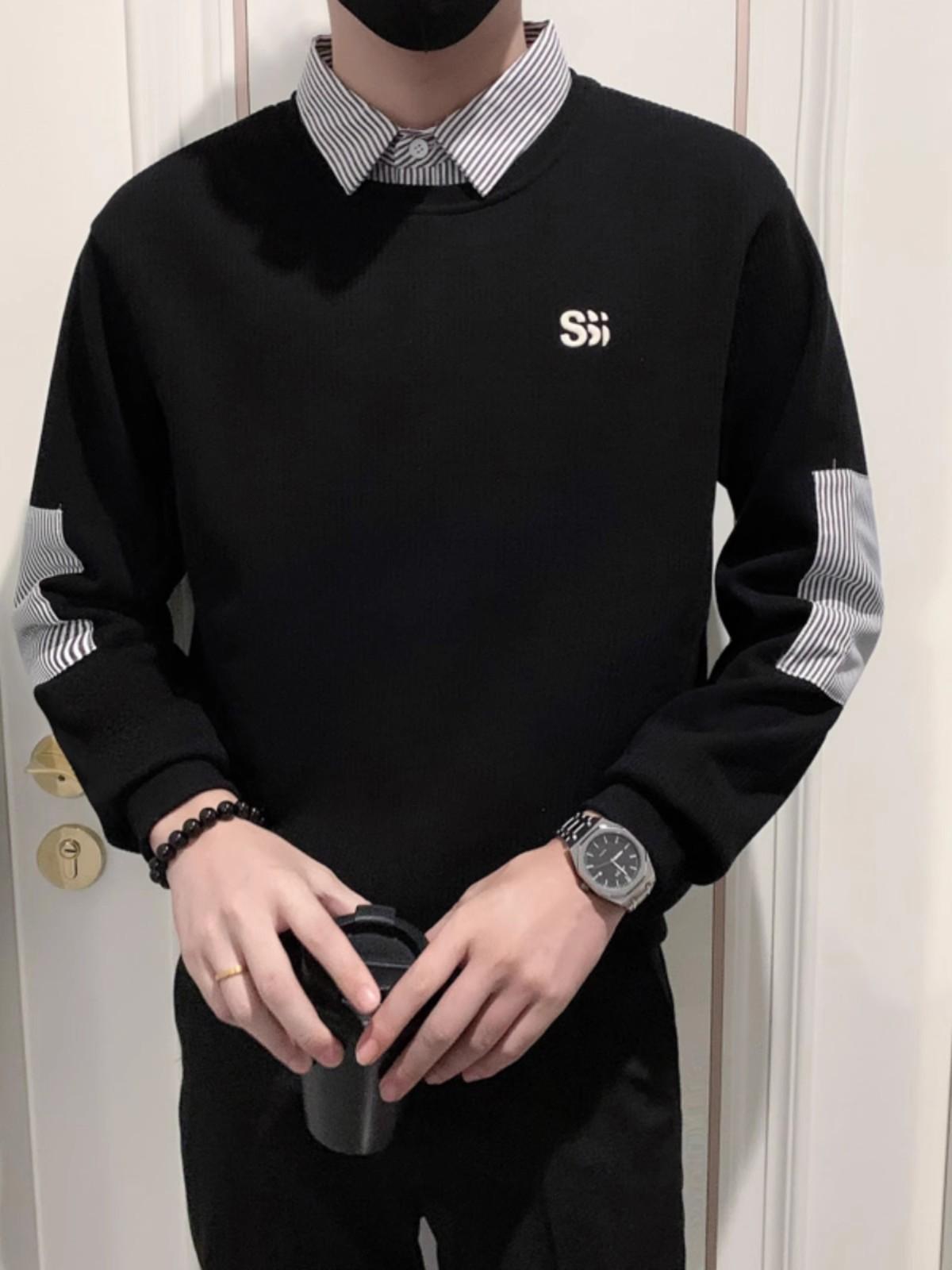 

White Fake Two-piece Striped Spliced Lapel Sweater Trendy Brand Men s Autumn Korean Wear Men s Inner Top XXXL чорний