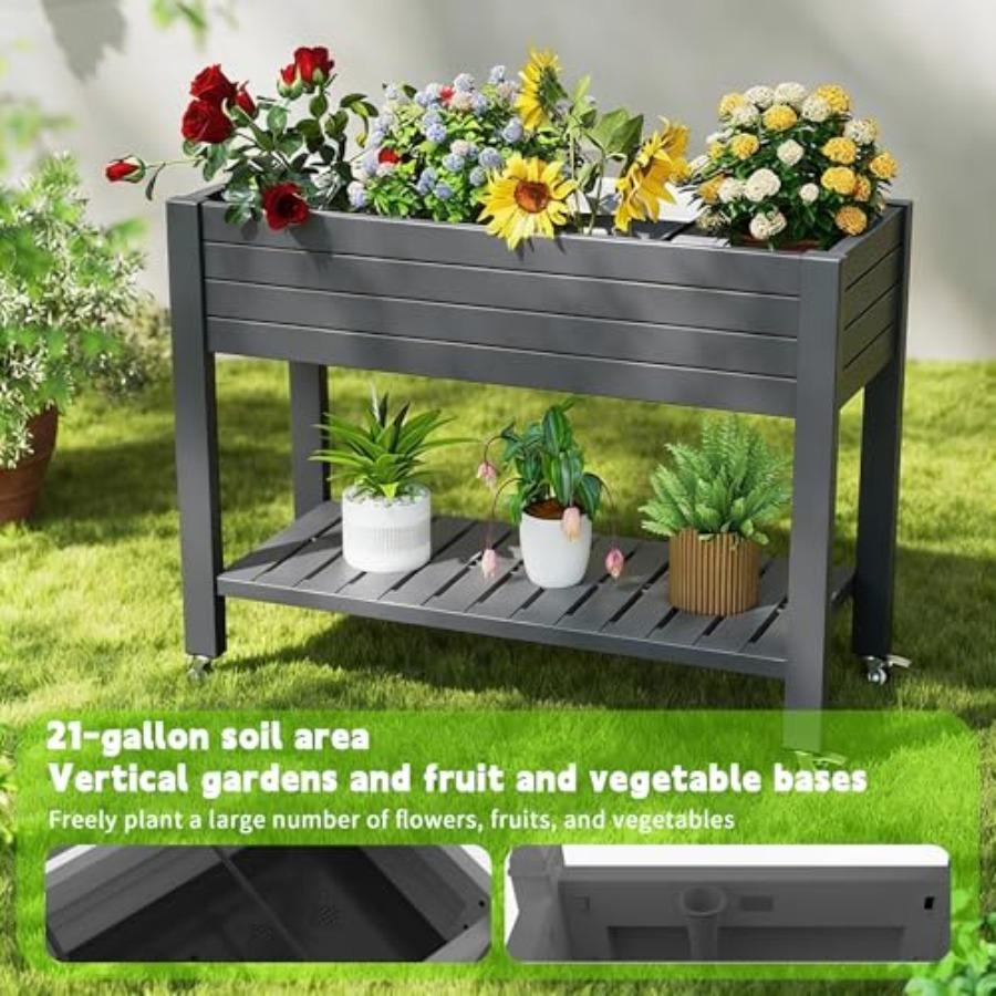 Raised Garden Bed with Legs 33.66 Tall Self-Watering Resin Outdoor Planter Box with Storage Shelf Drain Plug Water Monitor for