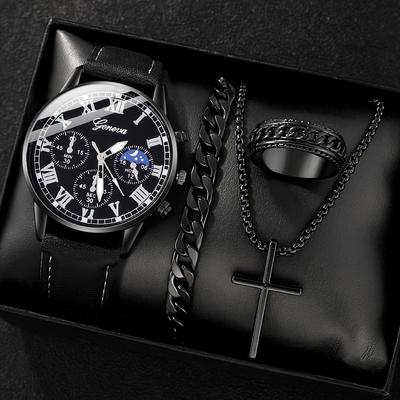 4 Pieces/set, Minimalist Business Pointer PU Leather Strap Men's Watch and 3 Accessories