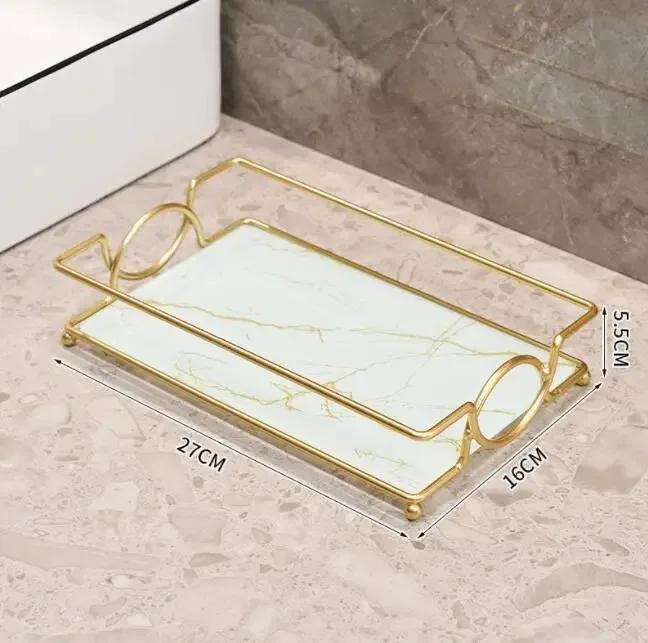 Lüks banyo rafı sondaj olmadan demir duvar rafı mermer tarzı cam tabak makyaj kutusu raf banyo aksesuarları