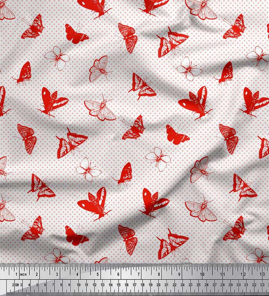 Soimoi Black Japan Crepe Satin Fabric Dot & Butterfly Print Fabric by Metre 42 Inch