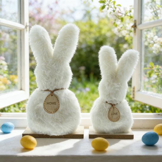 2 st Pälsklädda Kaninfigurer Påsk Plysch Vita Kaniner på Träbas för Vårfest Hemma Kontor Bordsskiva Dekoration