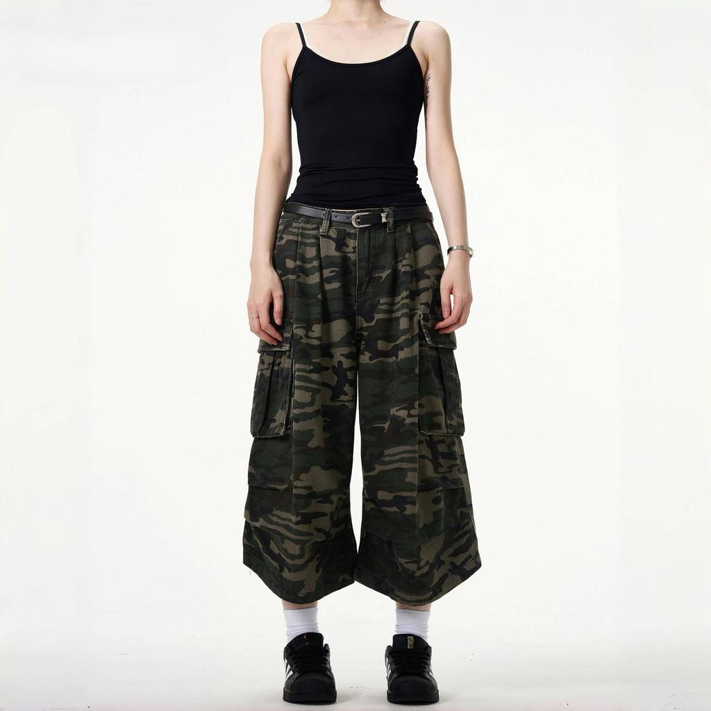 ZYLLO Camouflage Unisex Loose Capris Street Style Cargo Shorts Casual Bottom Female Calf-length Pants