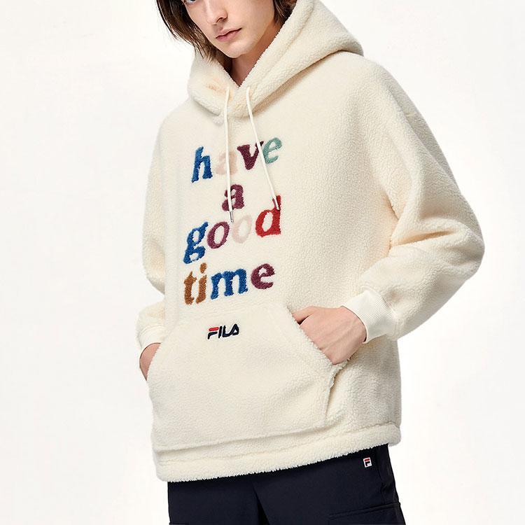 FILA Faux Lamb Wool Warm Pullover Hoodie Men hoodies White F11U149208F-IV