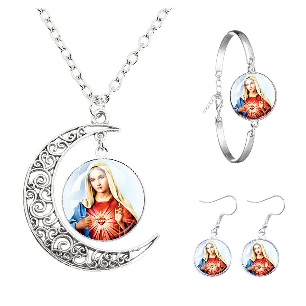 Virgin Mary And Baby Jesus Catholicism The Moon Necklace Earrings Bracelet Set Religious Glass Cabochon Pendant Gift Jewelry