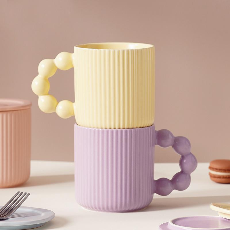 Pearl Ball Handle Porcelain Mug with Lid Macaron Color Coffee Cup Cute Office Tea Cup Home Couple Water Cup