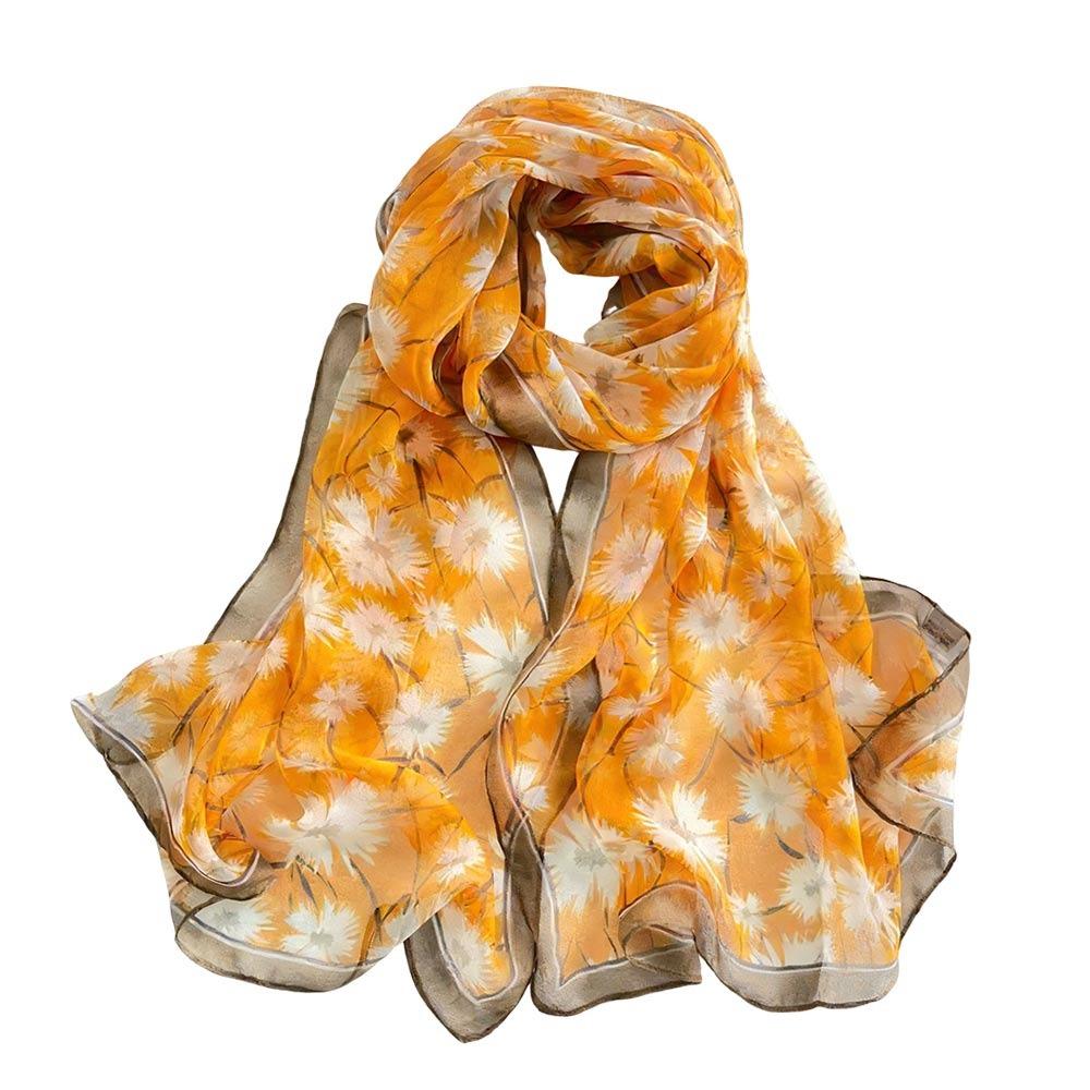 Summer Embroidered Silk Scarf Breathable Smooth Long Wraps Silk Sun-Resistant Bandana for Women