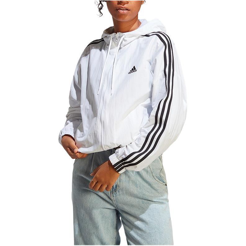 Adidas Three-Stripe Woven Windbreaker Jacket With Embroidered Logo Women Outerwear White IC0560