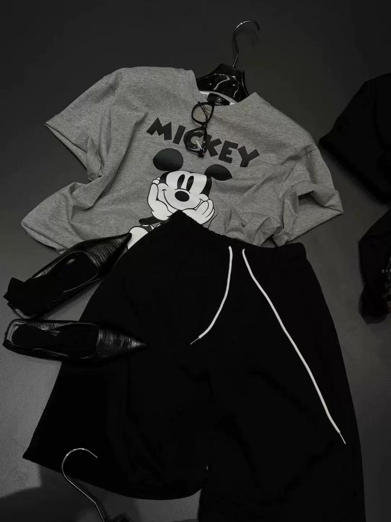 New Korean Summer Casual Loose Fit Mickey Print Cotton T-Shirt for Women