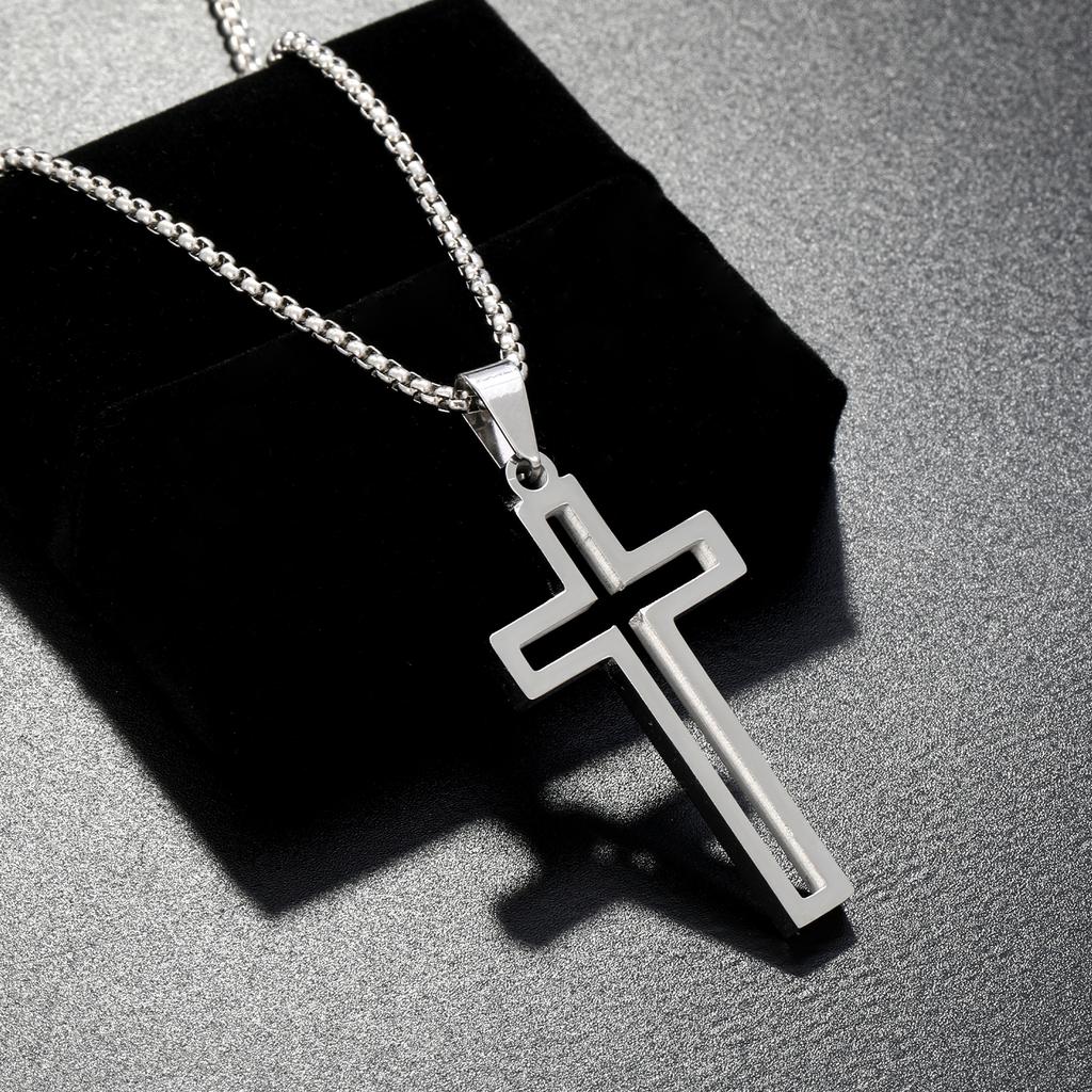 Skeleton Cross Necklace for Men Women Stainless Steel Hollow Out Cross Pendant Box Chain Collier Religious Faith Christ Collar