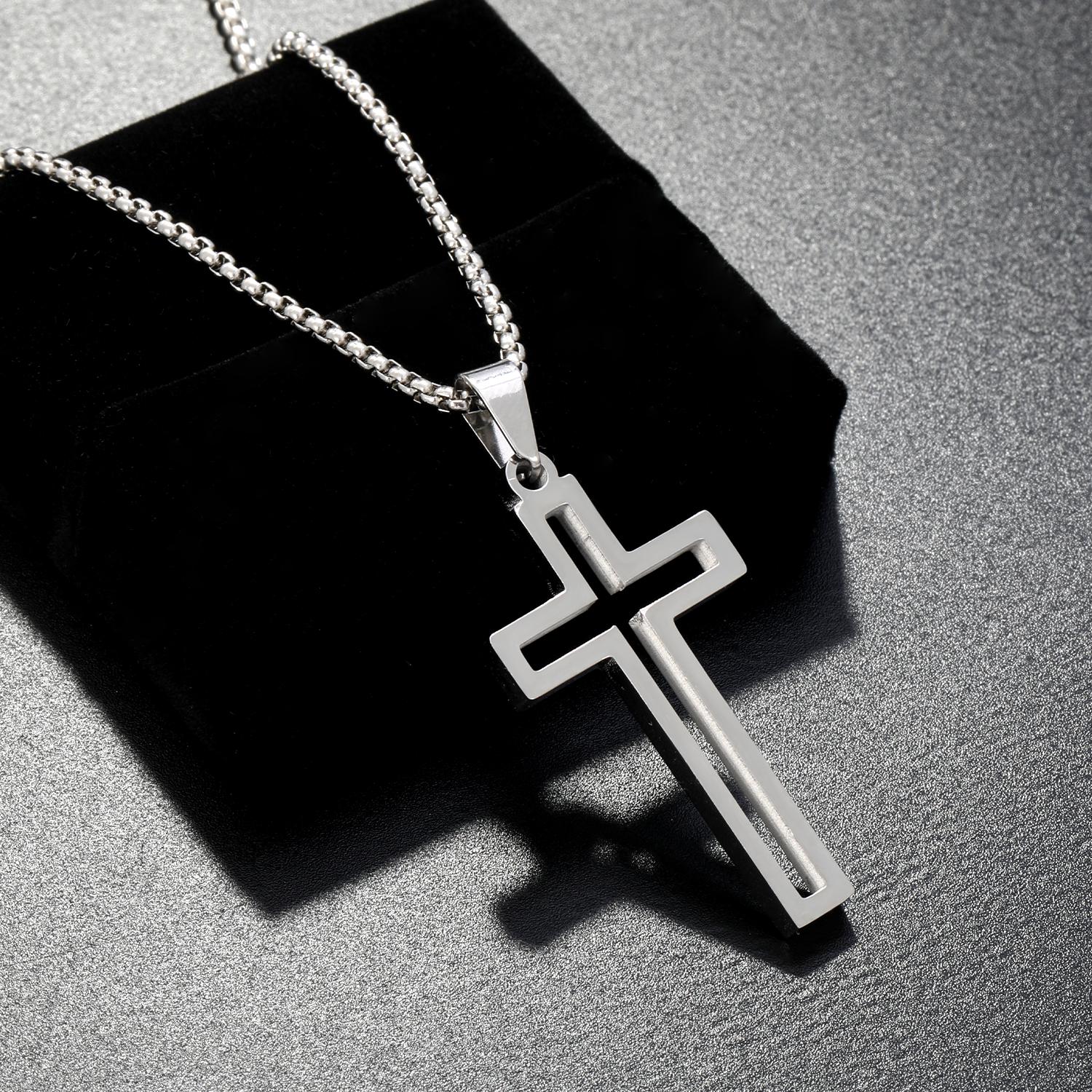 Skeleton Cross Necklace for Men Women Stainless Steel Hollow Out Cross Pendant Box Chain Collier Religious Faith Christ Collar