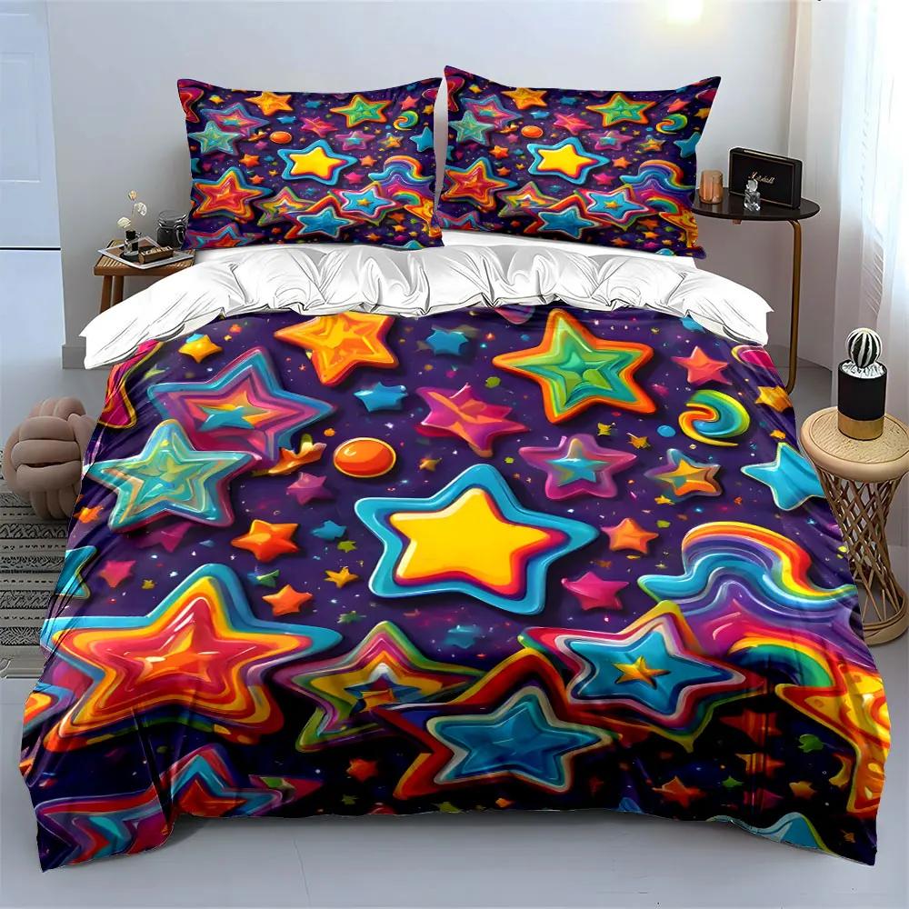 "Colorful Star Themed Decoration Set" Multiple Sizes Kid's and Adults' Bedroom Exquisite 3PC Bedding Set Gift