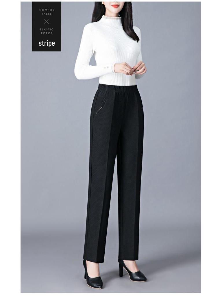 Fleece-Lined High-Waisted Straight-Leg Pants for Middle-Aged & Elderly Women - Ideal for Spring & Autumn