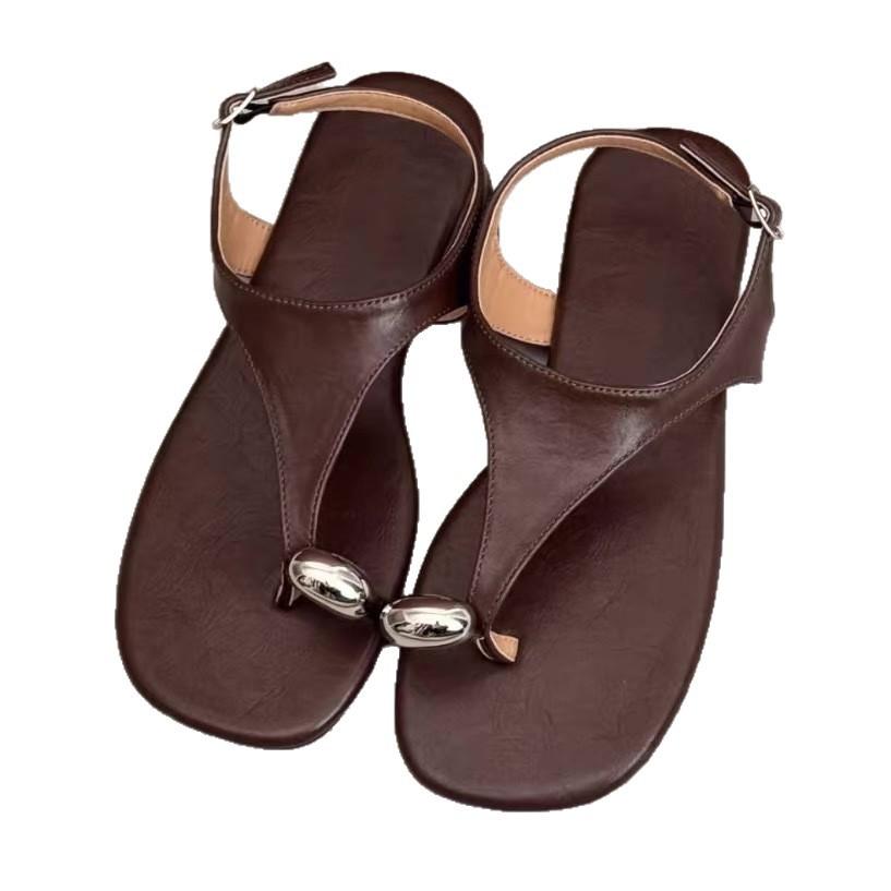Cowhide version~ retro flat-bottomed metal sleeve toe buckle with sandals women's 2025 summer new pinch foot cool slippers