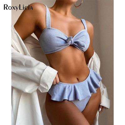 Costume da bagno femminile bikini annodato con volant Costume da bagno donna Costume da bagno bikini a due pezzi Costume da bagno a vita media