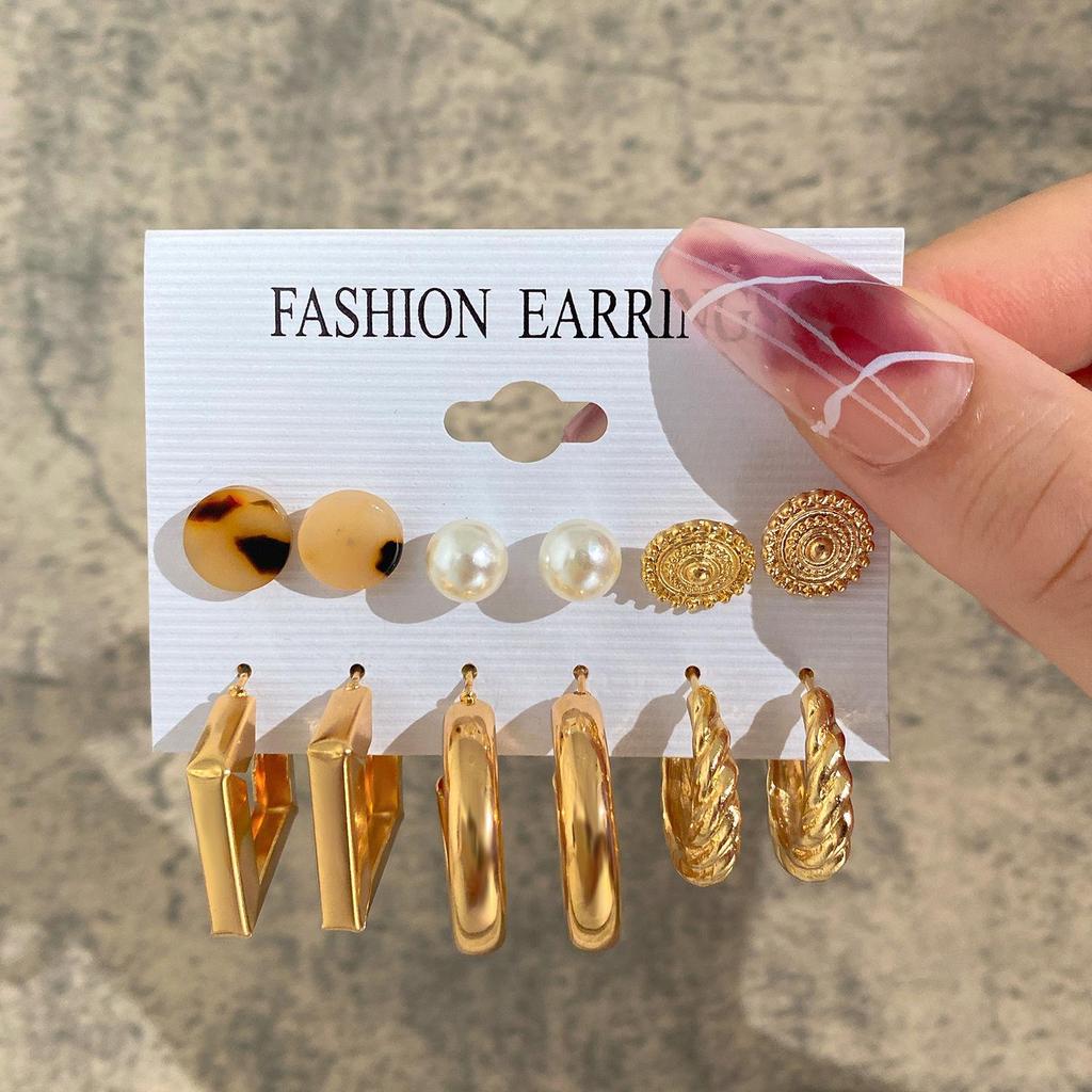 European & American Retro Geometric Hammered Textured Earrings 6-Piece Set: Creative Heart Diamond Stud & Alloy Earrings