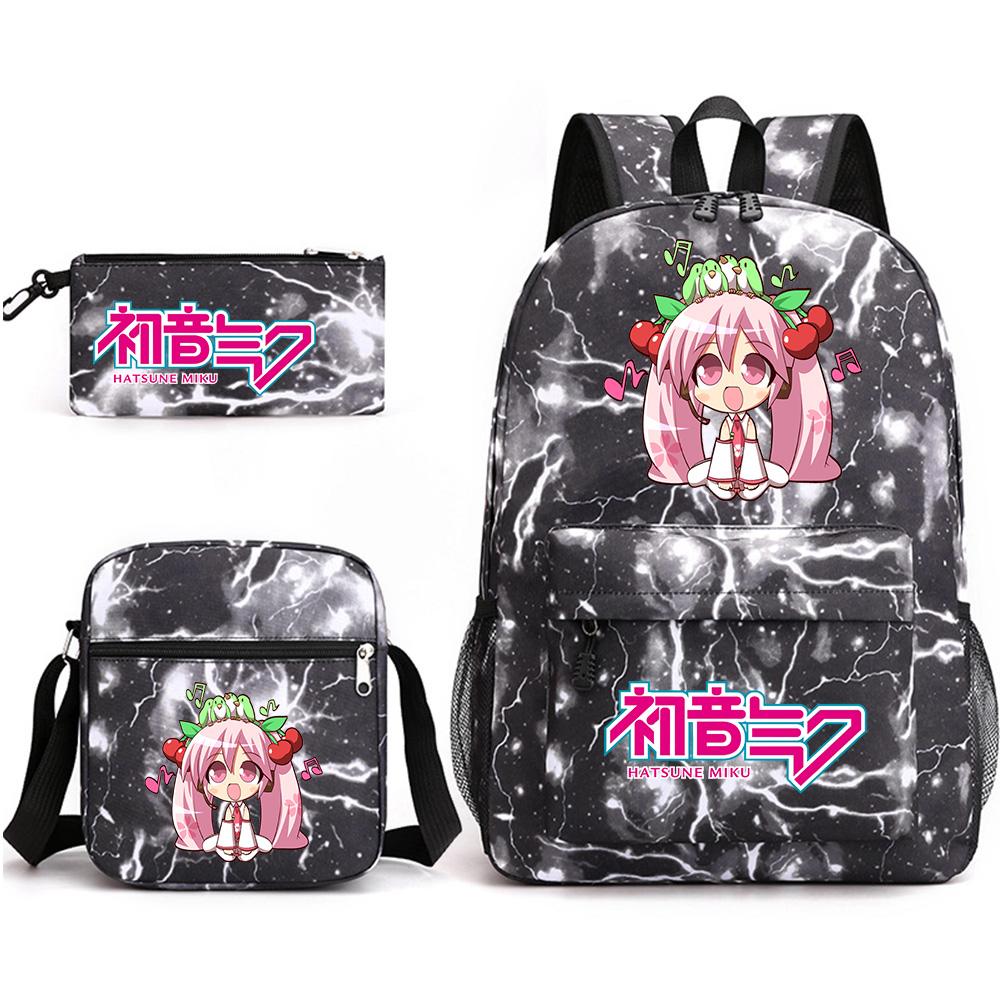 3Pcs/set Anime Cartoon Hatsune Miku Printed Backpack with Shoulder Bag Pencil Case for Teenager Student Boy Girl Large Capacity Waterproof School Bag