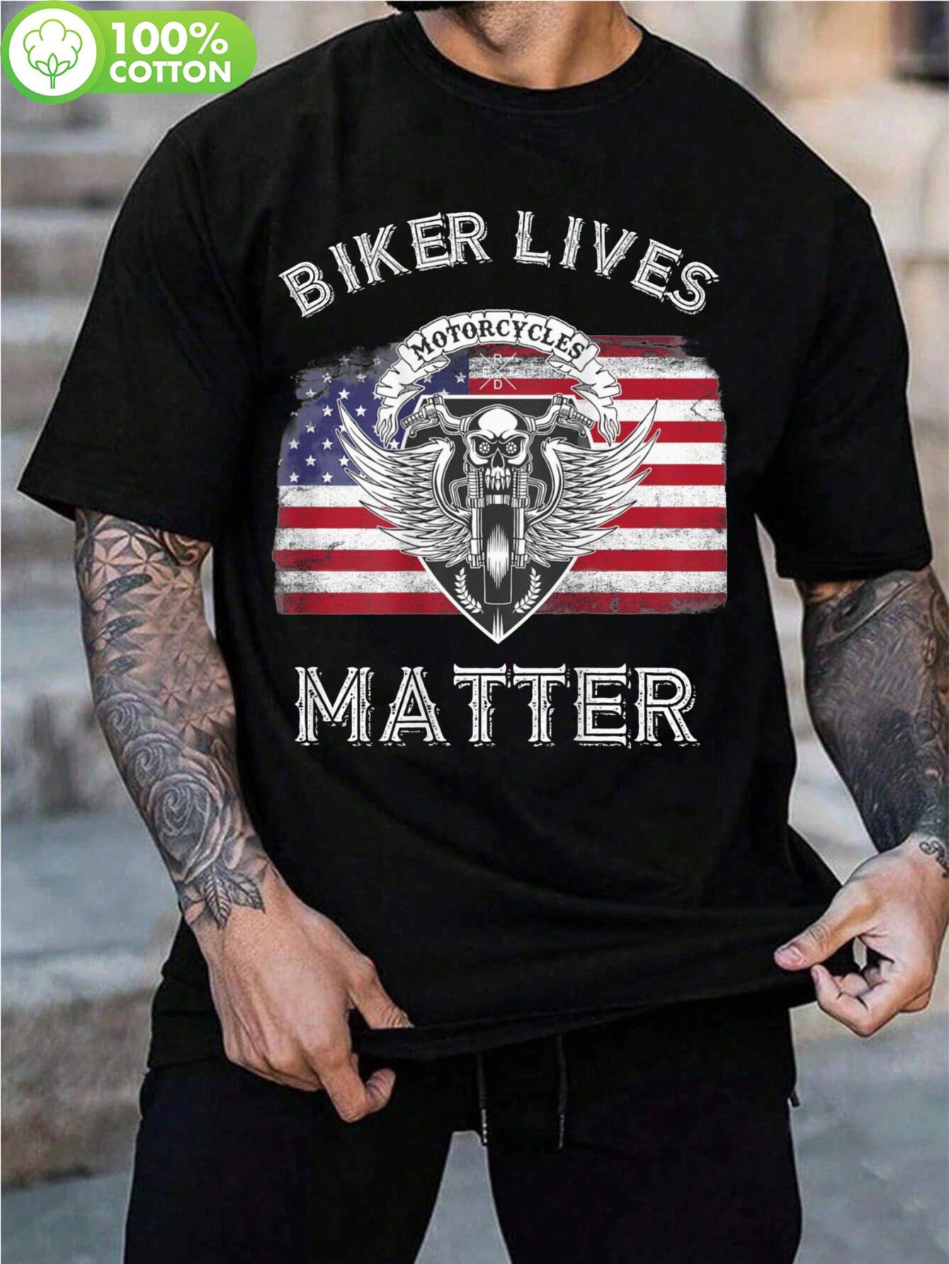 Biker Lives Matter Distressed American Flag and Skull Mot... XL