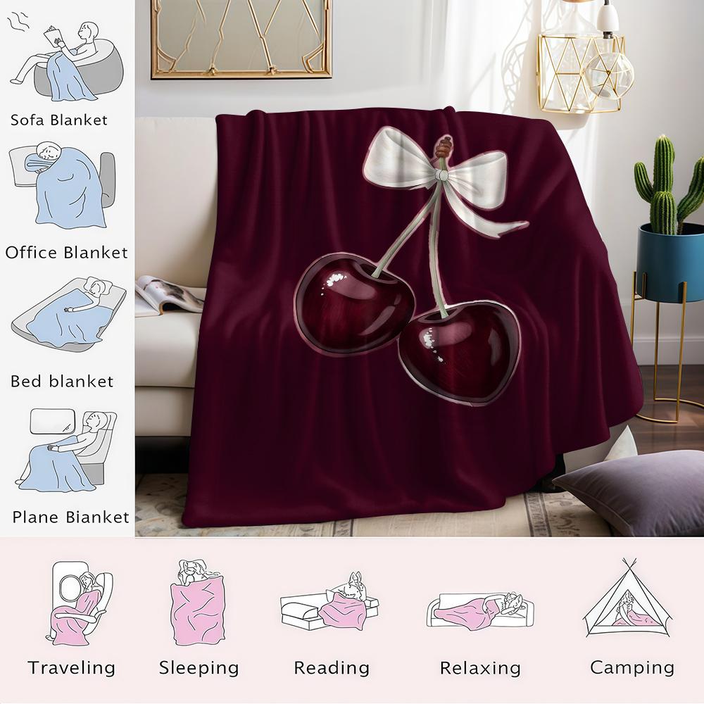 Burgundy Cherry Bow Flannel Blanket Warm Soft Halloween Christmas Couch Warm Cozy Decorative Decor Gift for All Season