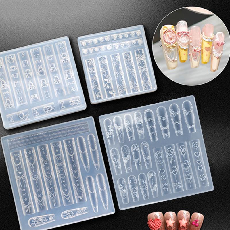 Nail Silicone Mold Cartoon Bow Flower Beads Line Carving Mold 3D Stamping Plate Nails Stencils Diy Manicure Tools Nail Art