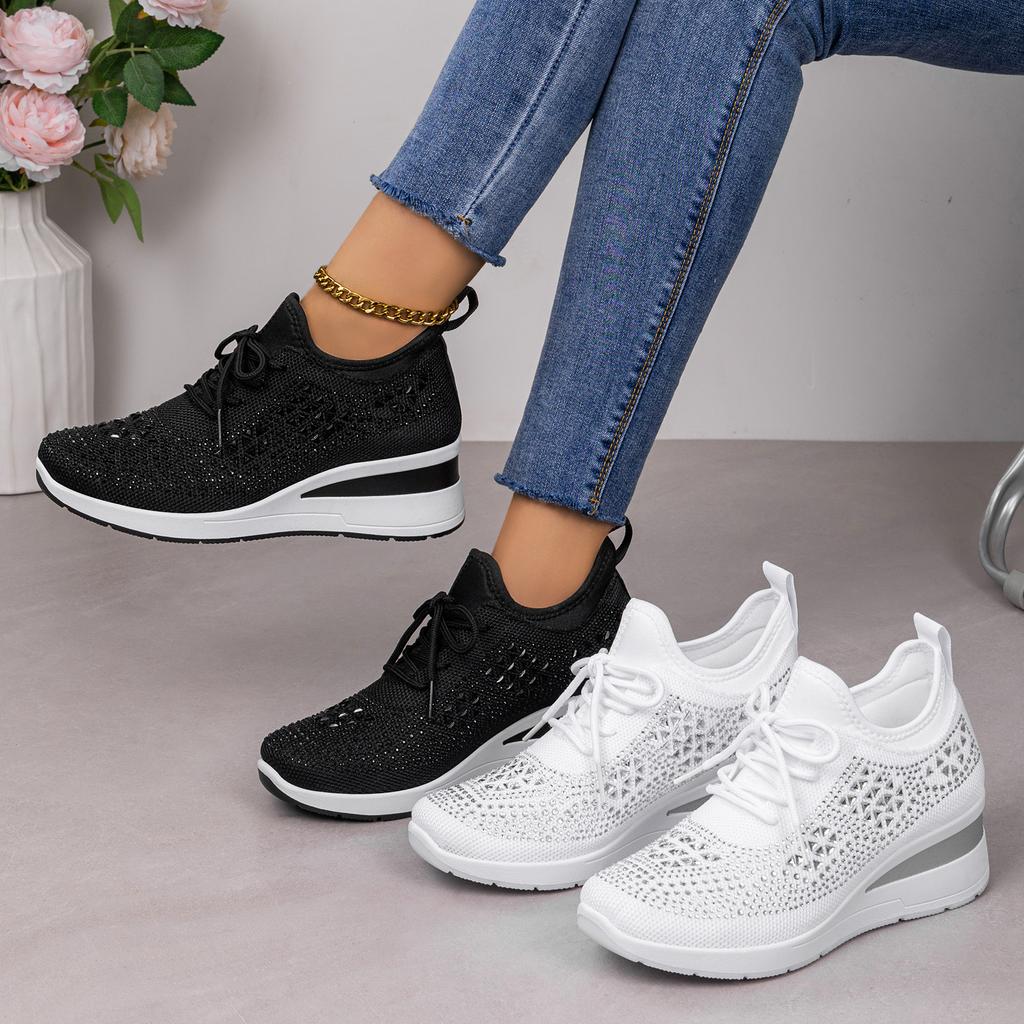 Rhinestone Lace-up Women's Casual Shoes Large Size Sports Shoes Fashion Style Women's Shoes Daily Commuting Height-increasing Shoes Women