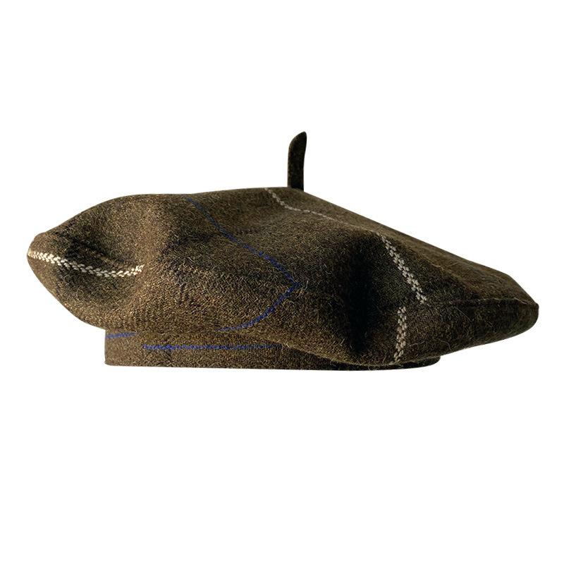 Women's Wool Blend Beret Hat Asian & British Style Vintage Check Pattern Versatile Painter Cap (UFO Hat Design)