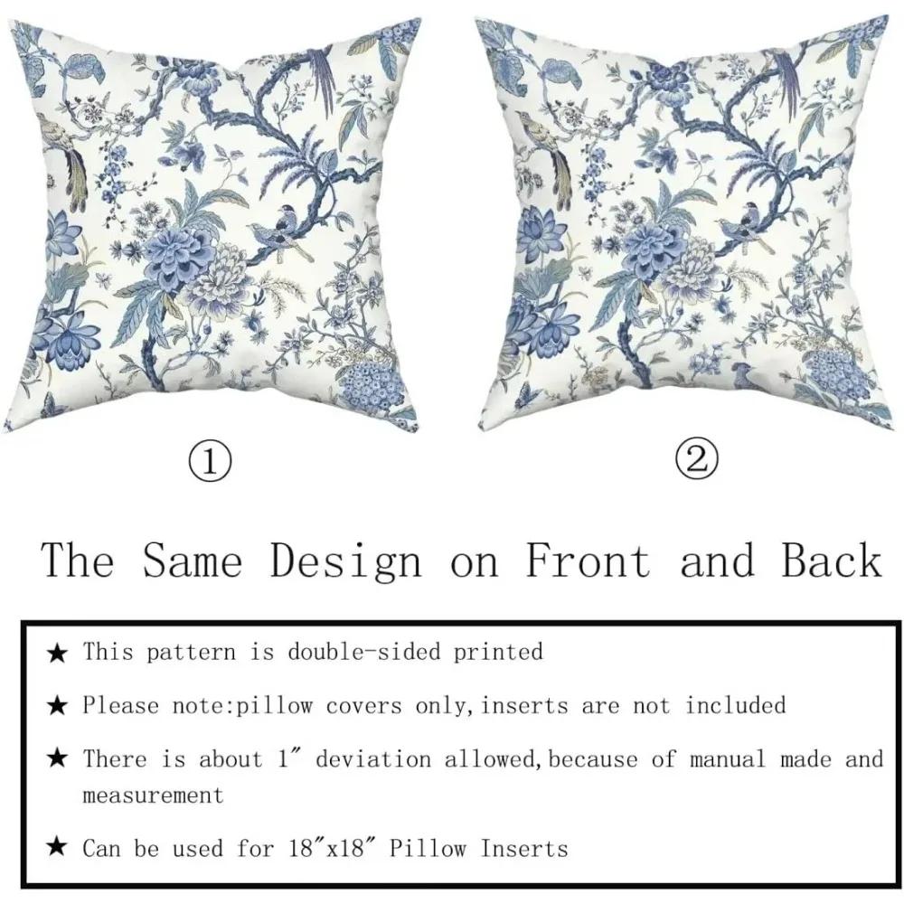 Chinoiserie Kissenbezüge Set aus 2 Stück Blau und Weiß Außen Bule Vögel Blumen Wurf 18x18 Zoll Baumwolle Quadratisch Kissenbezug