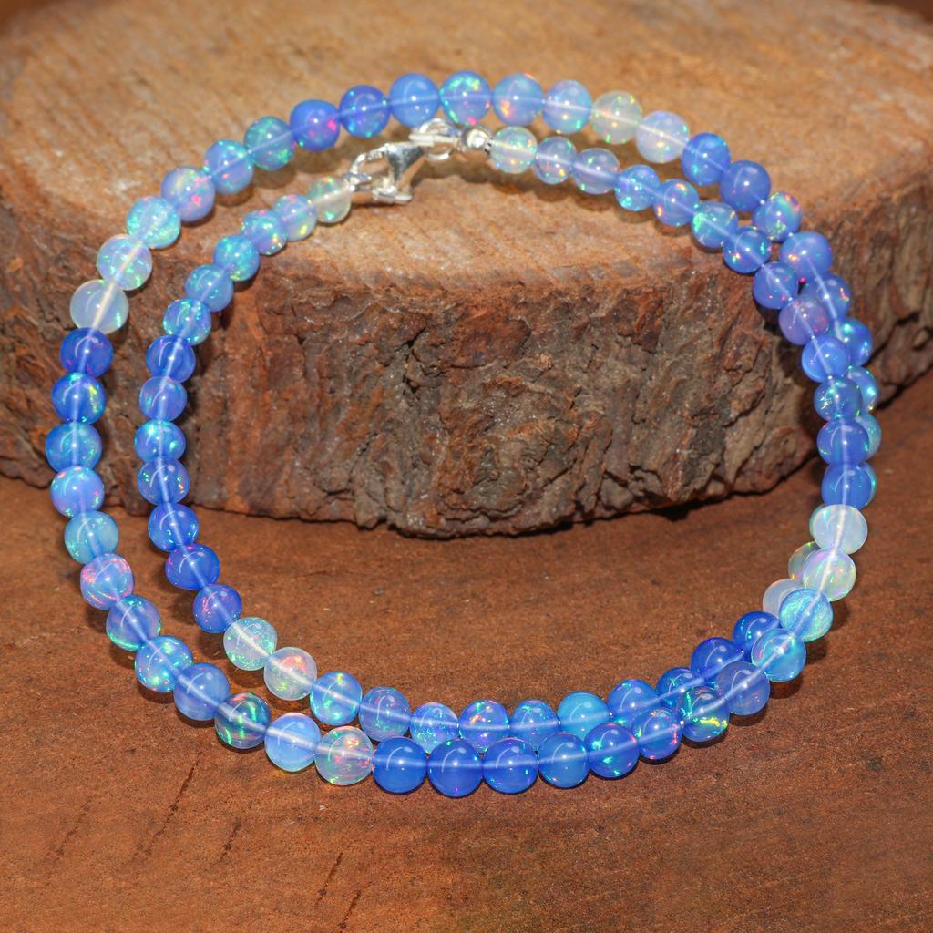 Natural Blue Shaded Opal Gemstone Beads Necklace, Ethiopian Blue Opal Beaded Necklace, Handmade Necklace for Women, Birthstone Gift for Her