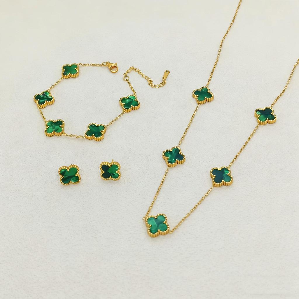 Set de Joyería de Acero de Titanio Madreperla Doble Cara Trébol de Cuatro Hojas con Pulsera, Collar y Pendientes