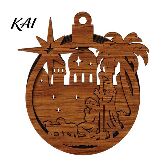 Natural Log Craft Gifts 3D Wooden Light Up Christmas Ornament, Layered House Tree Snowman Wood Engraving Decor Nativity Scene Hanging Decoration