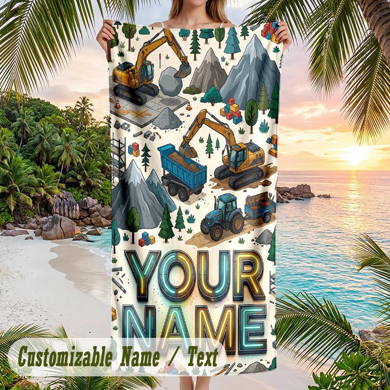 Construction Vehicles Theme Beach Towel Personalized Custom Name & Text Soft Quick Dry Beach Towel for Swimming Travel