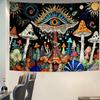 Bohemian Pilz-Wandteppich, Mystisches Böses Auge und Bunte Pilze Mit Himmlischen Elementen Auf Schwarzem Hintergrund Wandkunst Für