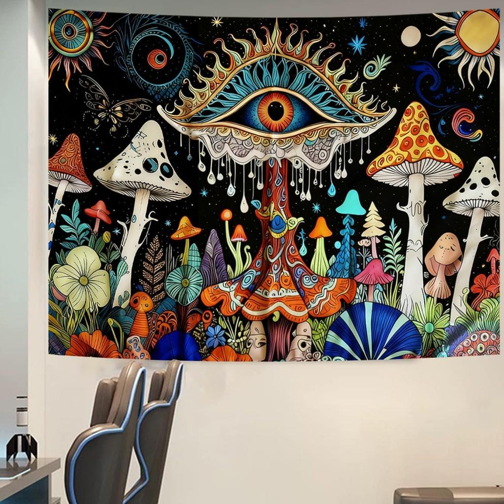 Bohemian Pilz-Wandteppich, Mystisches Böses Auge und Bunte Pilze Mit Himmlischen Elementen Auf Schwarzem Hintergrund Wandkunst Für
