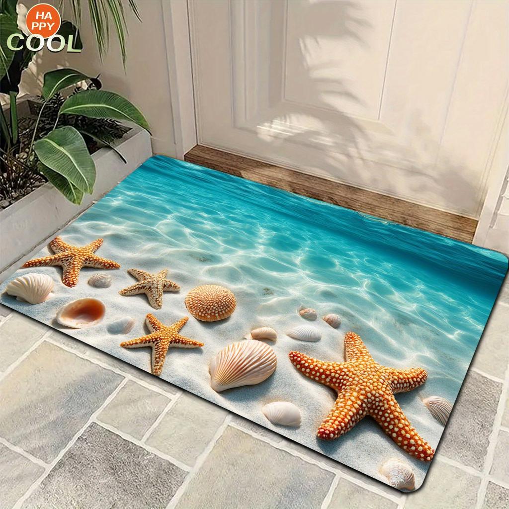 1pc Sea Turtle Ocean-Themed Non-Slip Door Mat Blue Teal Design with Starfish Compass Use Perfect Bedroom Entryway Office Decor