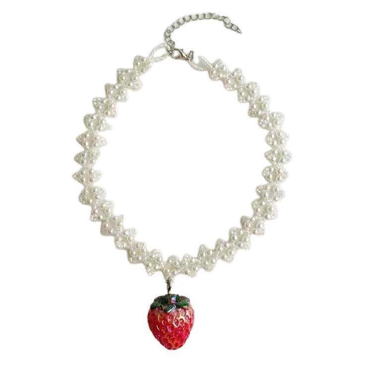 

Double Layer Pearl Choker Strawberry Pendant Necklace Collar Necklace 1