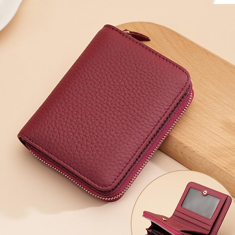 

Маленький кошелек из натуральной кожи для женщин. Элегантный держатель для кредитных карт из натуральной кожи с RFID-блокировкой, кошелек-клатч на молнии, короткий кошелек для монет. бордовый