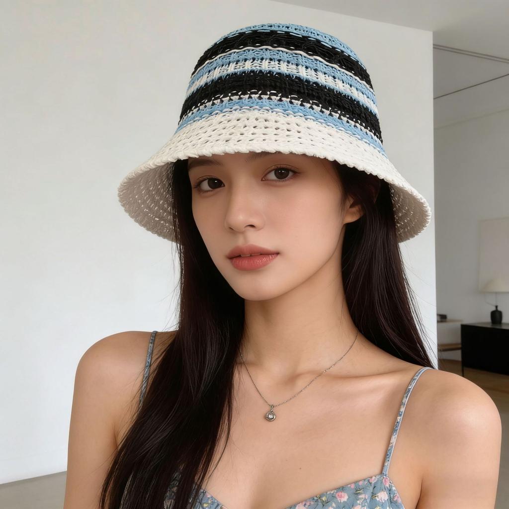 Color knitted hollow breathable bucket hat women's summer outdoor face small sunshade bucket hat women's basin hat