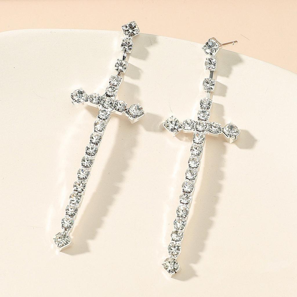 Temperament Glänsande Kristall Kors Långa Örhängen Mode Hög Känsla För Rosa Örhängen Damörhängen 1 Par