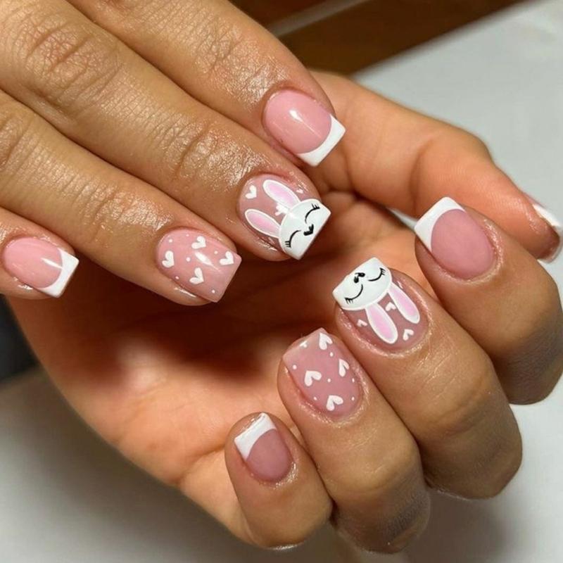 24pcs Square Press On Nail with Rabbit Pattern Short Artificial Nail Full Cover False Nail Manicure Nail Art for Women
