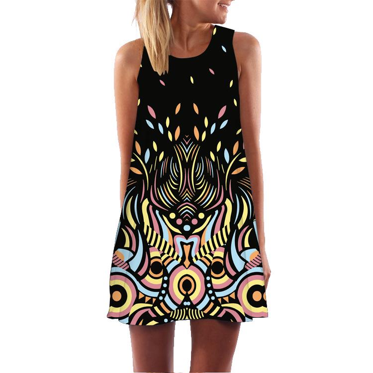 European Station European and American new digital printing crew neck hot-selling off-the-shoulder dress S