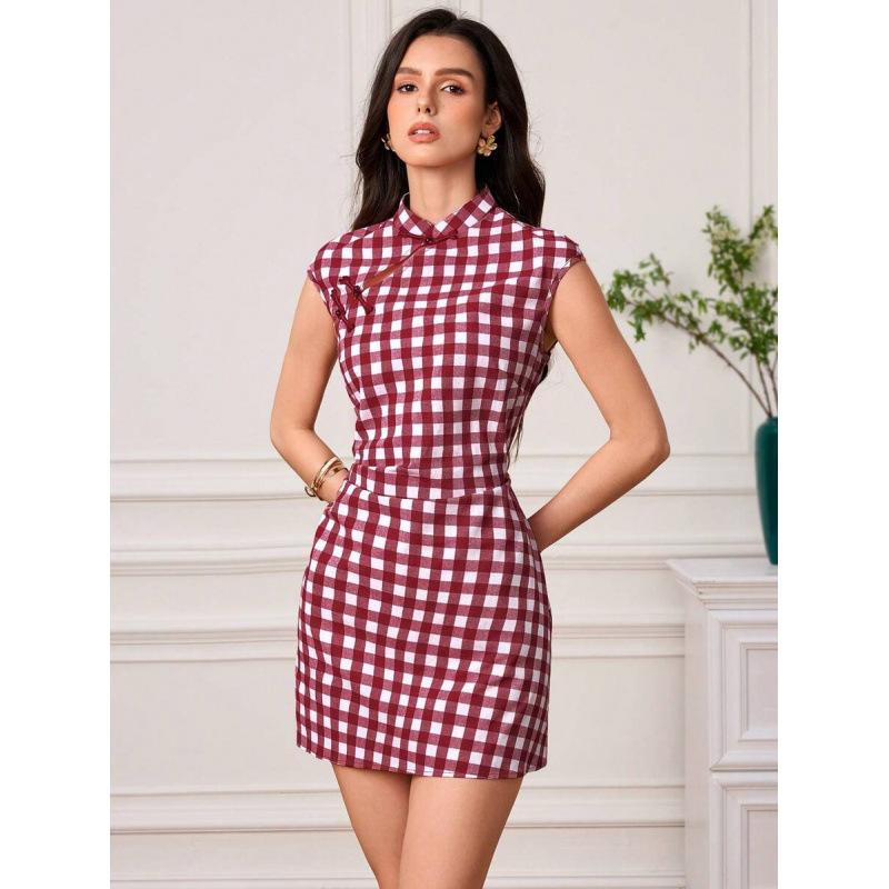 European retro and elegant new Chinese buckle plaid waist stand-up collar sleeveless short dress women XS