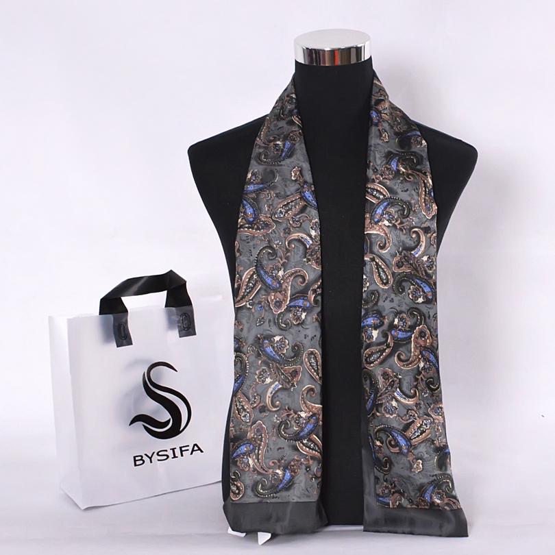 [BYSIFA] Brand Men Silk Scarf Muffler Winter Fashion Accessory 100% Pure Silk Male Plaid Long Scarves Cravat Navy Blue 160*26cm