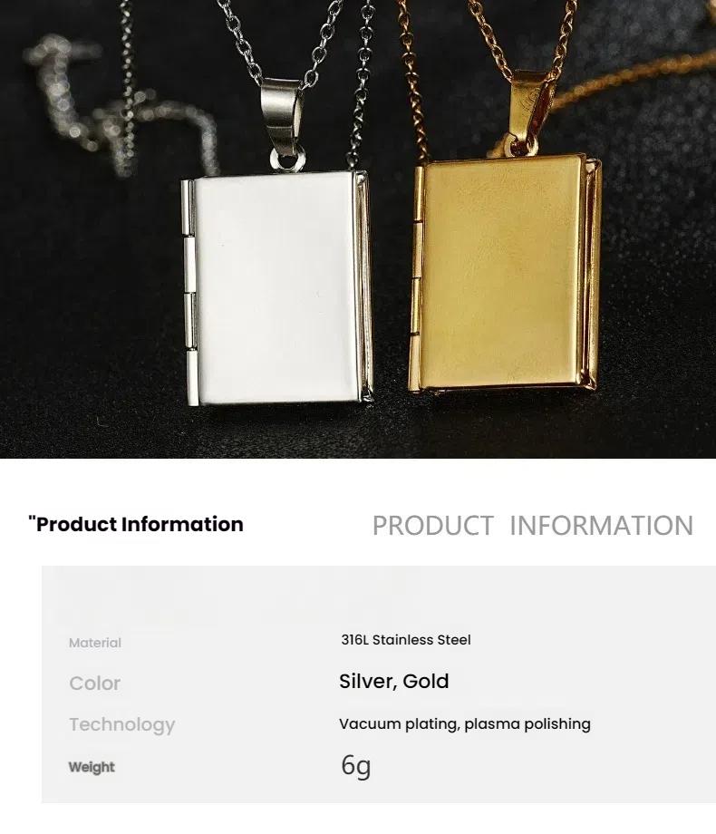 CJH 316L Stainless Steel Can Open Geometric Square Phase Box Necklace Pendant Novelty Gifts for Couples Engraved Jewelry
