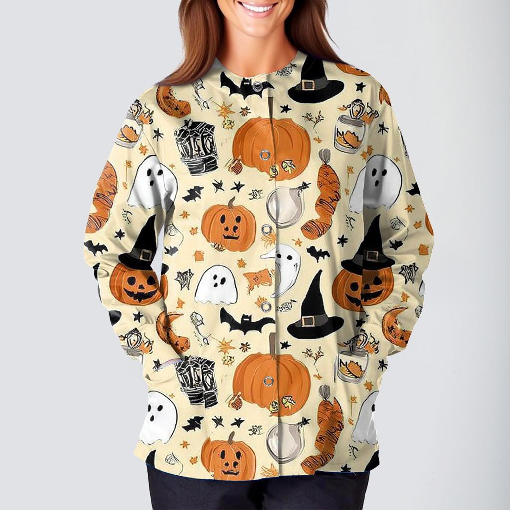 Women's Casual Fashion Long Sleeve Standing Collar Single Breasted Halloween Printed Workwear Jacket Tops