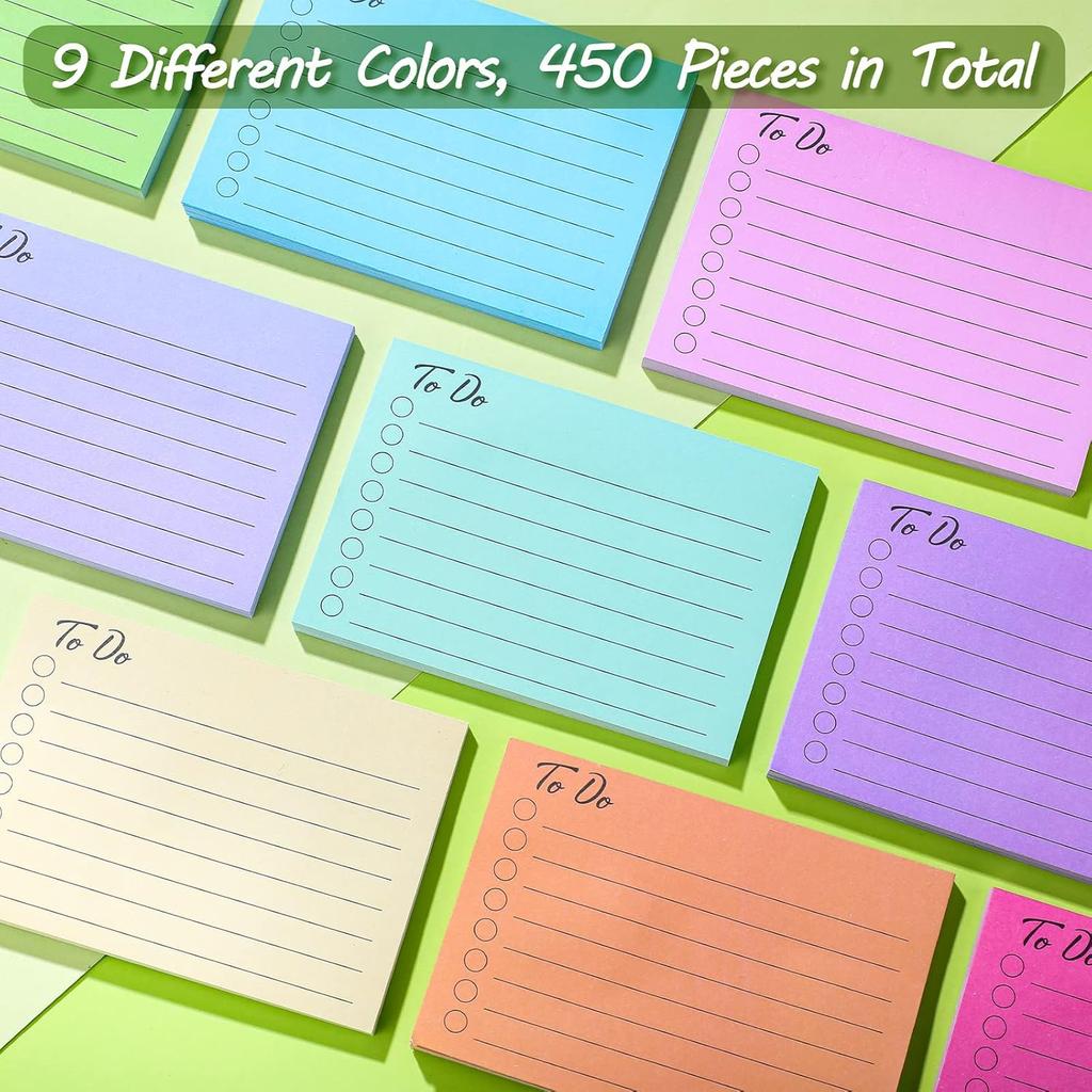 Pajean 9 Pcs/450 Sheet to Do List Sticky Note 3x4 Inch Self Stick Pads with Line Colored Planner Sticky Note Adhesive Memo for Office, Meeting,