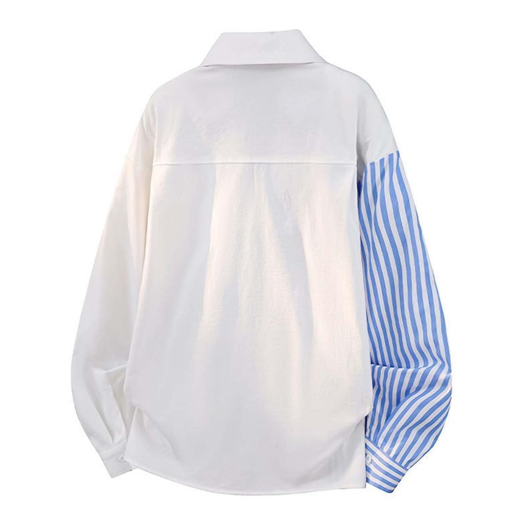 Men's Plus Size Loose Fit Striped Patchwork Asymmetric Casual Shirt for Spring and Fall