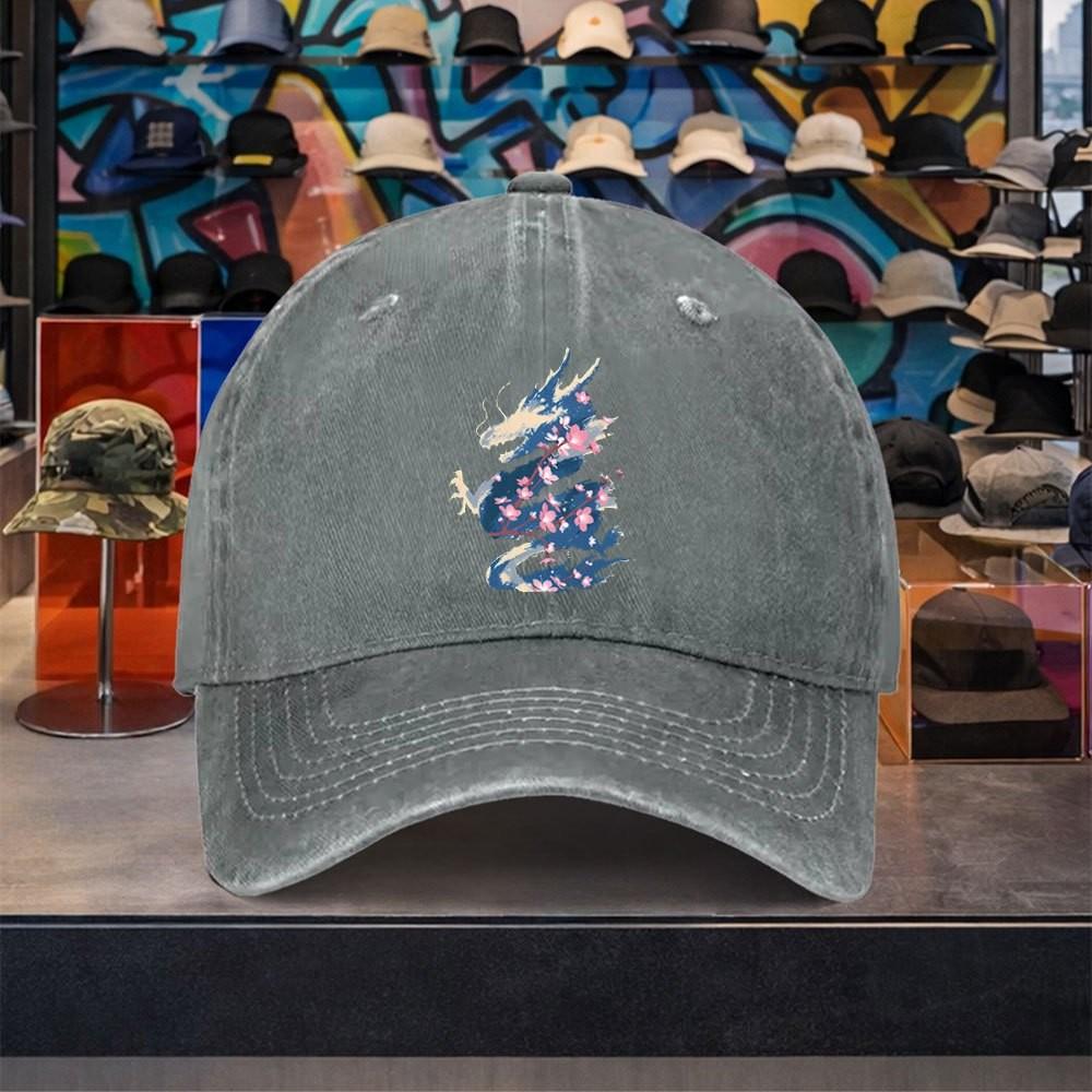 Dragon Cherry Blossom Washed Baseball Cap Unisex Adjustable Cotton Outdoor Casual Hat